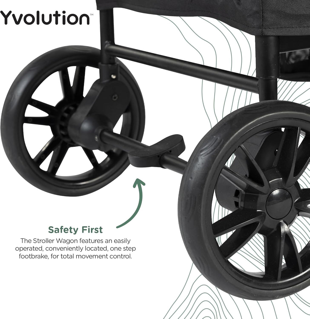 Detalhe do travão de pé do Wagon Yvolution, mostrando a segurança e o controlo do produto.