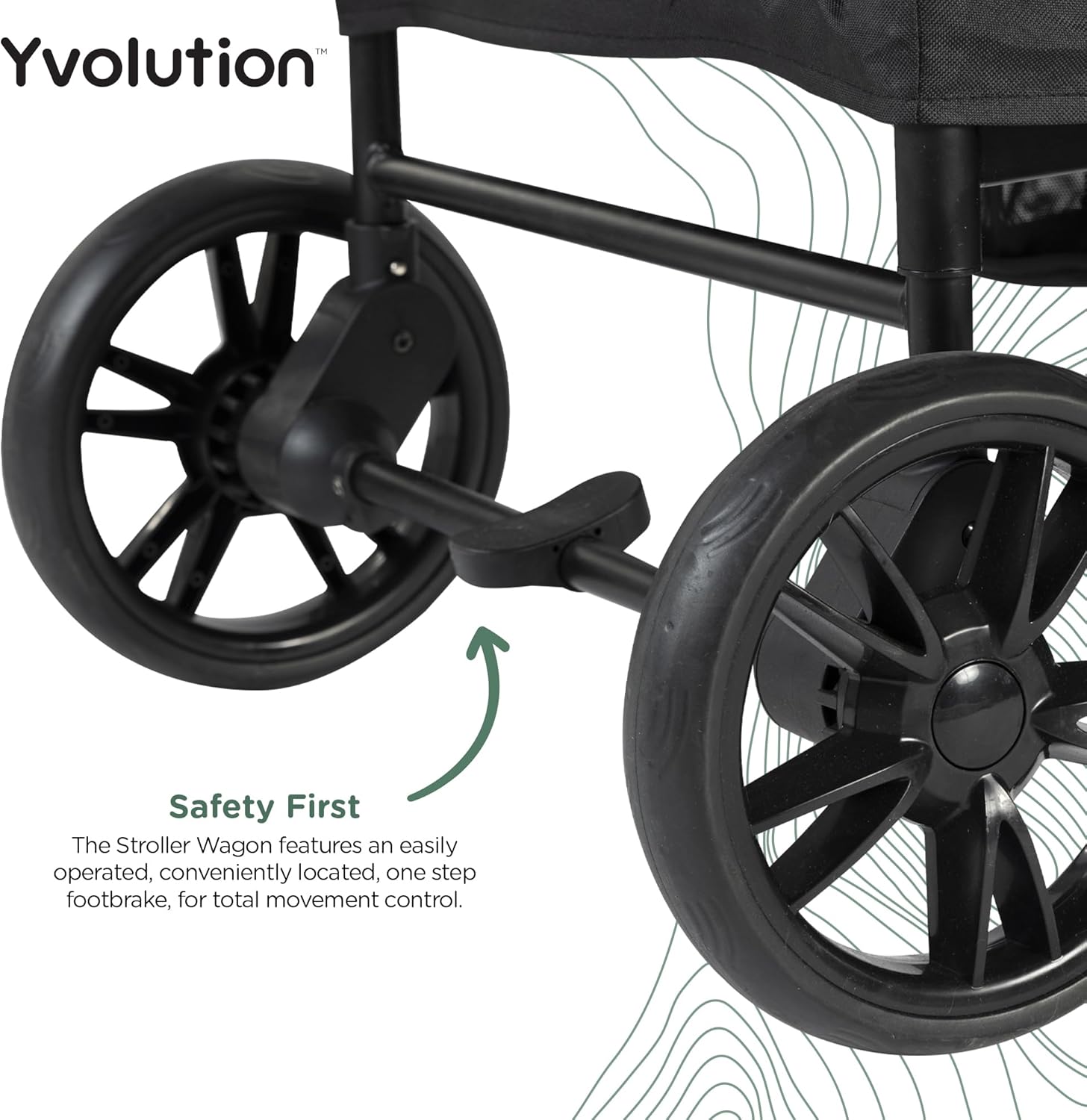 Detalhe do travão de pé do Wagon Yvolution, mostrando a segurança e o controlo do produto.