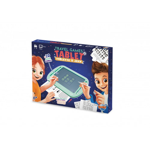 Caixa do produto Buki Travel Games Tablet com ilustrações de duas crianças a usar o tablet e a indicação de 20 jogos para maiores de 6 anos.
