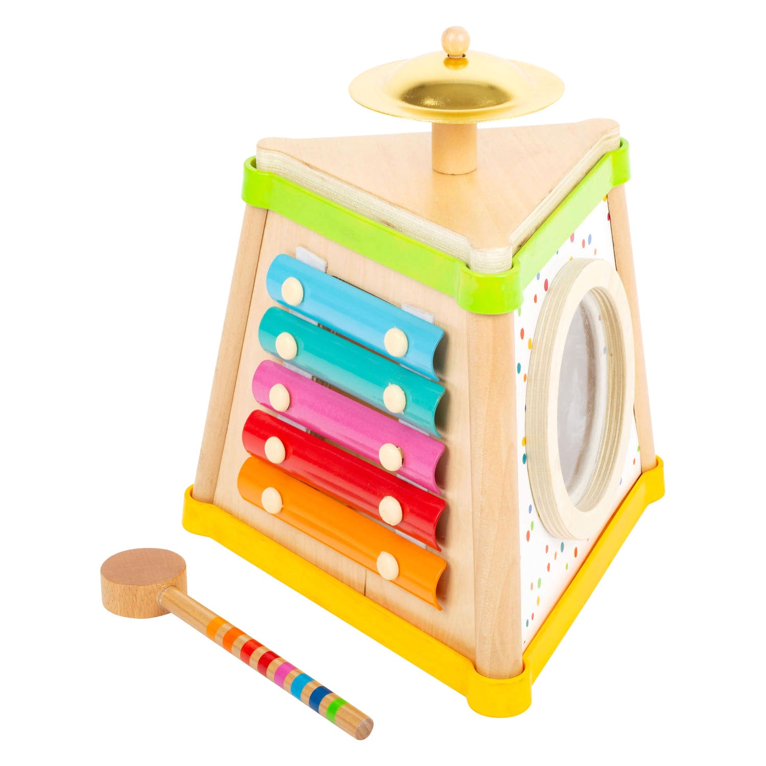 Triângulo musical em madeira small foot, com xilofone, reco-reco, guizos e prato metálico. Brinquedo colorido e educativo para bebés a partir dos 18 meses.