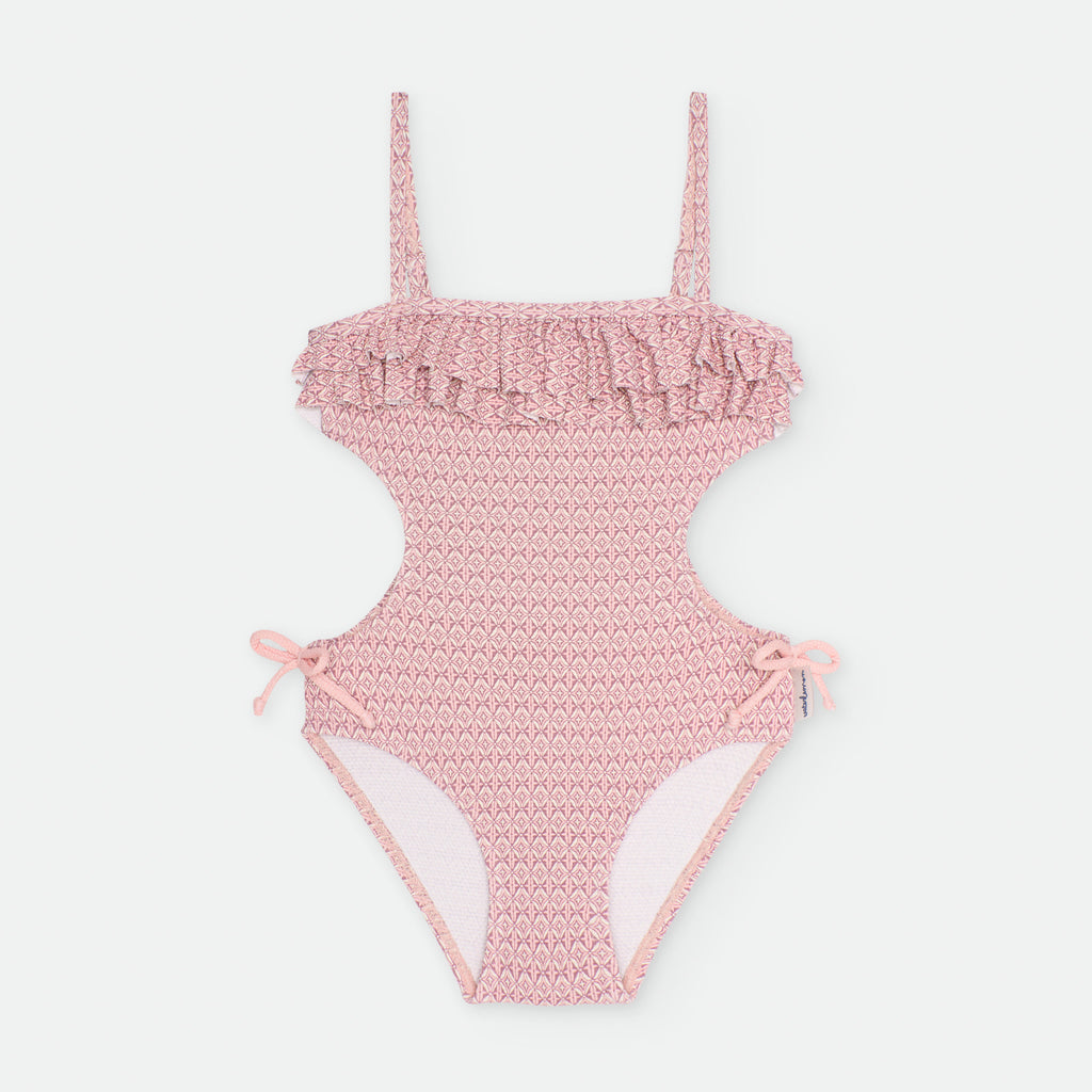 Trikini de menina Waterlemon rosa com padrão geométrico e folhos