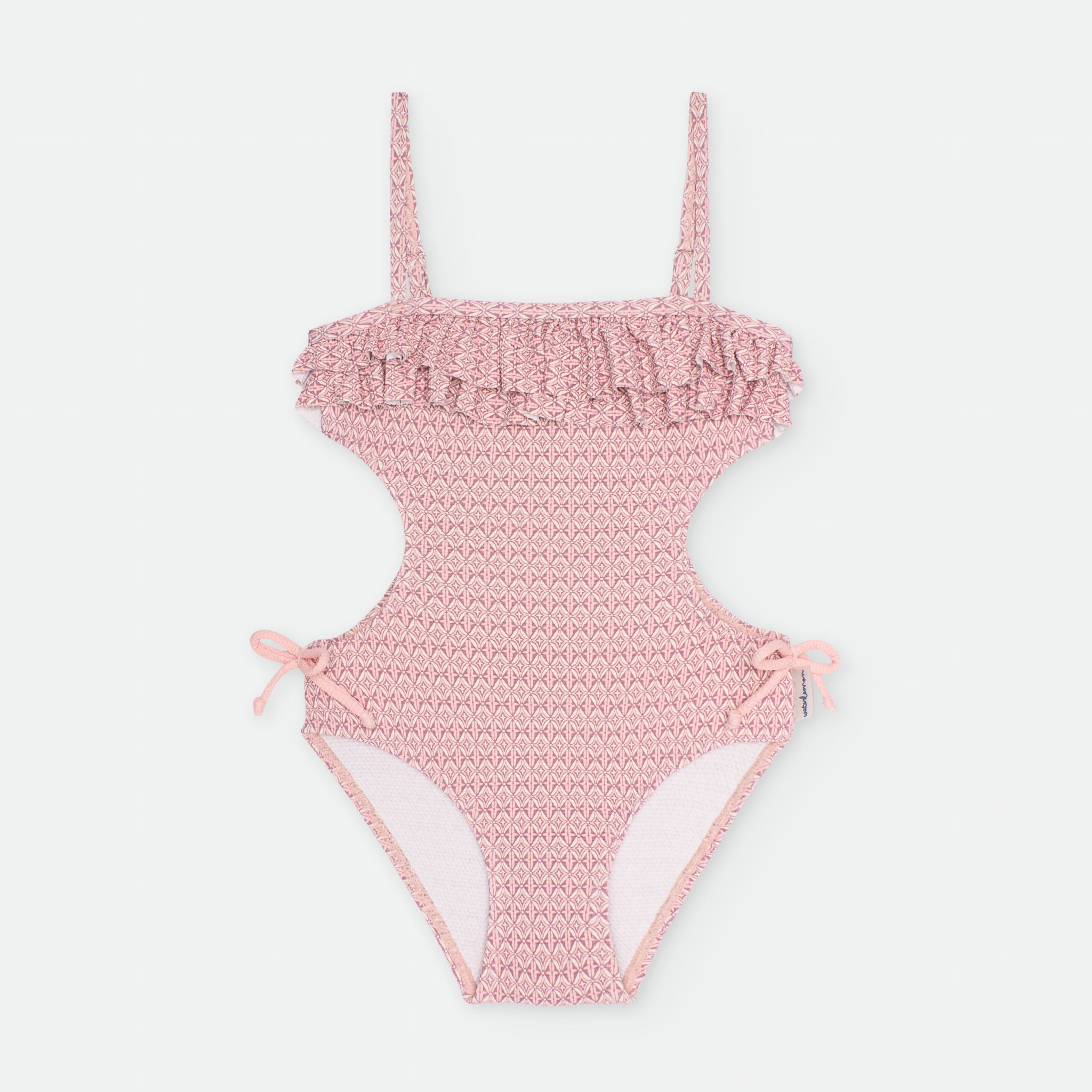 Trikini de menina Waterlemon rosa com padrão geométrico e folhos
