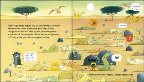 Ilustração interior do livro mostrando vários dinossauros e Trincas numa cena divertida e cheia de ação.