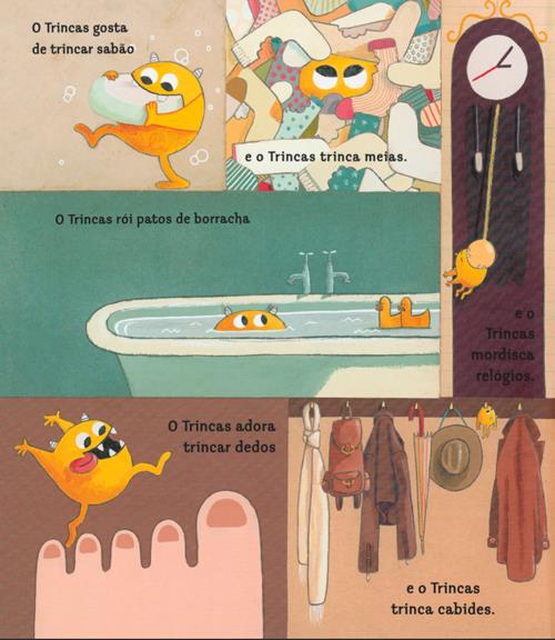 Ilustrações internas do livro "Trincas - O Monstro dos Livros", mostrando o monstro a interagir com diversos objetos do quotidiano de forma divertida.