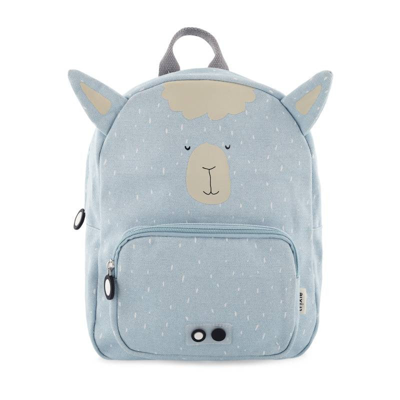 Mochila infantil Trixie Alpaca azul clara com padrão de salpicos brancos, vista frontal.