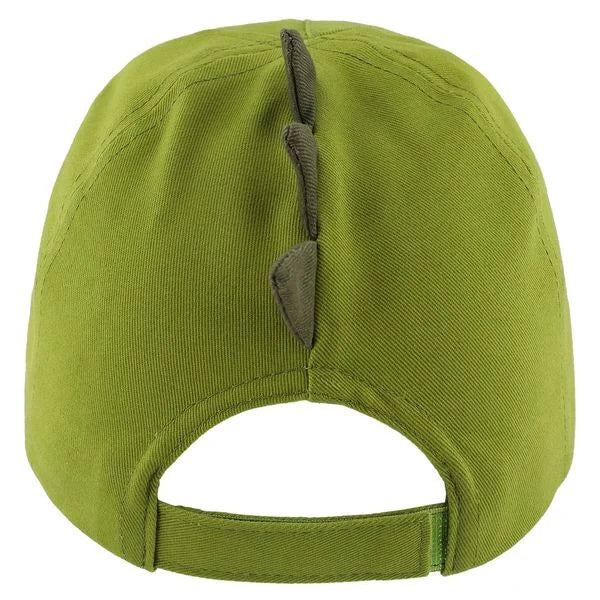 Vista traseira do boné Trixie verde, mostrando o fecho de velcro ajustável e as três cristas de dinossauro em relevo na parte superior.