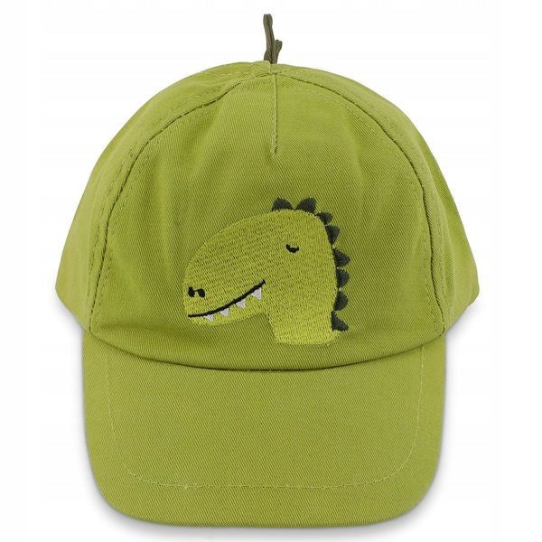 Boné infantil Trixie verde-lima com pala, apresentando um bordado de cabeça de dinossauro sorridente na frente.