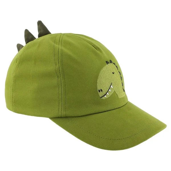 Boné Trixie verde-lima com desenho de dinossauro, visto de lado, destacando a pala e as cristas na parte de trás.