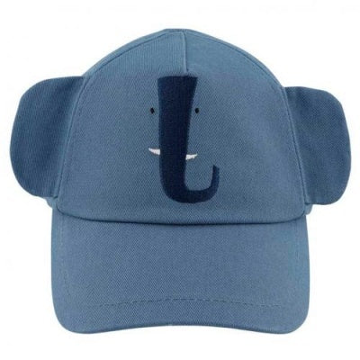 Boné infantil Trixie azul-acinzentado com design de elefante, apresentando tromba e presas bordadas na frente.