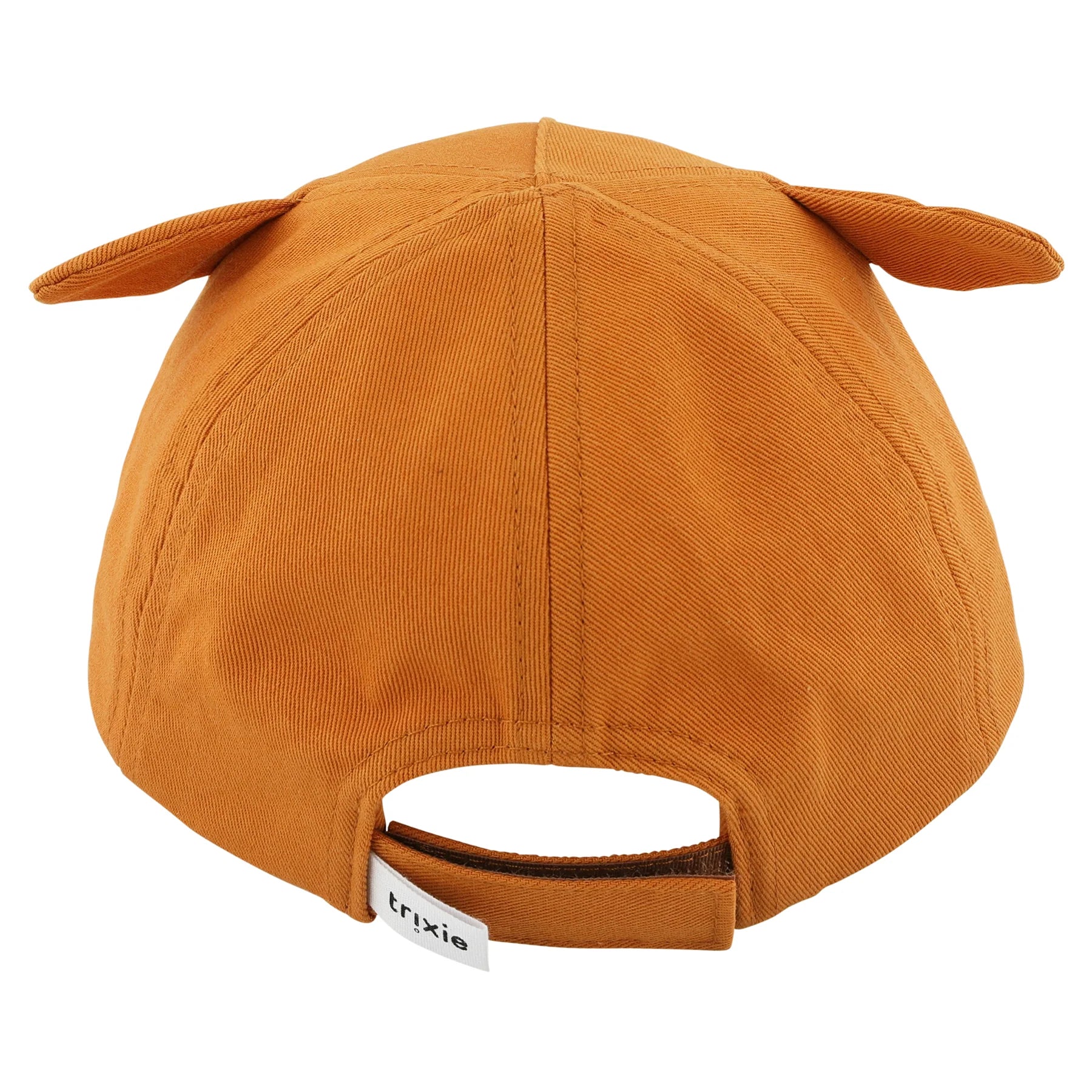 Vista traseira do boné Trixie raposa laranja, mostrando o fecho de velcro ajustável com etiqueta da marca Trixie.