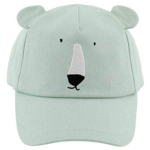 Boné infantil Trixie Urso Polar verde-água, com orelhas 3D e rosto bordado, vista frontal.