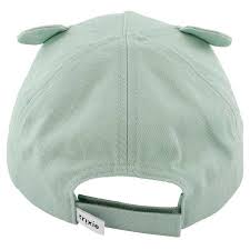 Vista traseira do boné Trixie Urso Polar verde-água, mostrando o fecho de velcro ajustável com etiqueta da marca.
