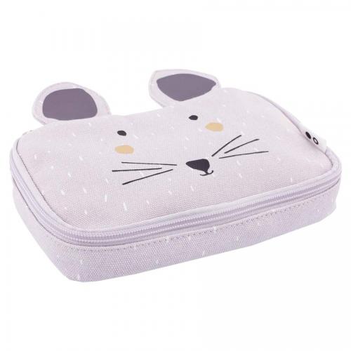 Estojo retangular Trixie Rato em algodão cinza claro com fecho, apresentando um design frontal de rosto de rato com orelhas 3D.