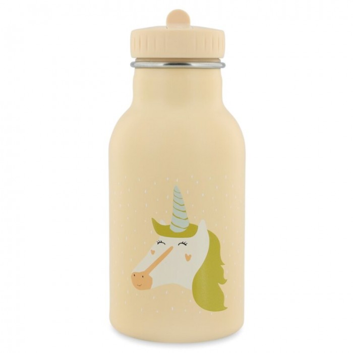 Garrafa Trixie de aço inoxidável cor creme com ilustração de unicórnio e tampa bege, capacidade 350ml.