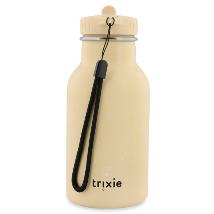 Verso da garrafa Trixie Unicórnio 350ml, mostrando a alça de pulso preta e o logótipo Trixie gravado na base.