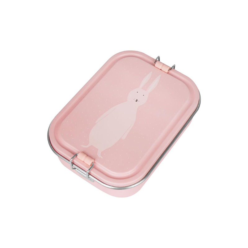 Lancheira metálica Trixie cor de rosa com fechos, apresentando um desenho minimalista de um coelho branco sobre fundo pontilhado.