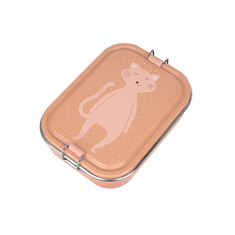 Trixie Lancheira Metálica Grande Gato, cor salmão, com fechos laterais e ilustração de um gato sorridente.