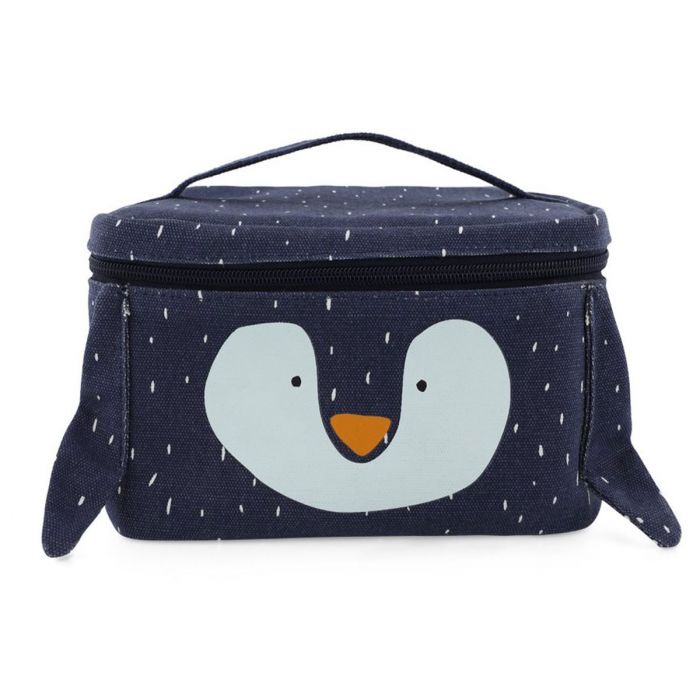 Lancheira térmica Trixie Pinguim com design divertido, mostrando o compartimento principal com fecho de correr e alça de transporte.