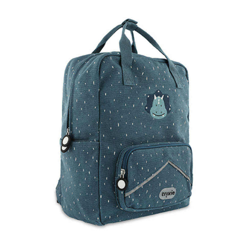 Vista frontal da mochila escolar Trixie Triceratops azul-petróleo com alças ajustáveis, bolso frontal e emblema de dinossauro.