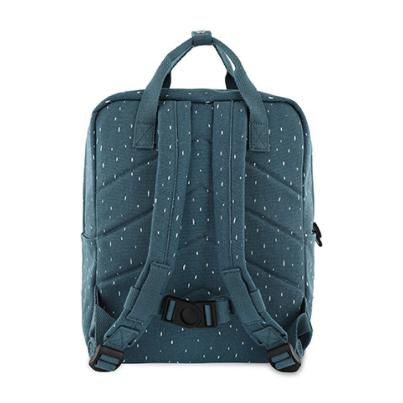 Vista traseira da mochila Trixie Triceratops, mostrando o painel ergonómico acolchoado e as alças de ombro ajustáveis com fecho peitoral.