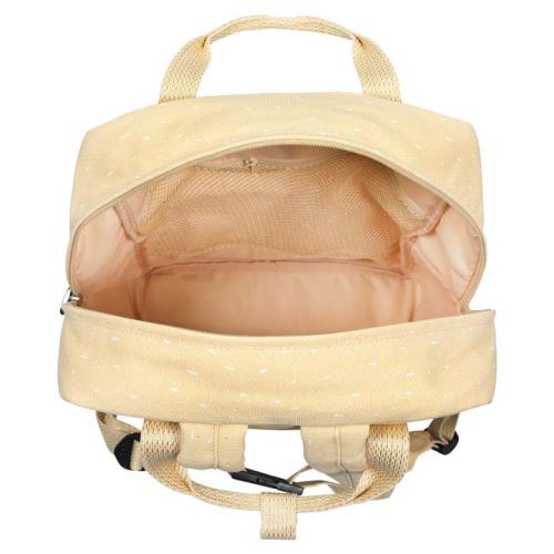 Interior da mochila Trixie Unicórnio aberta, mostrando o compartimento principal espaçoso, forro e bolso de rede com fecho.