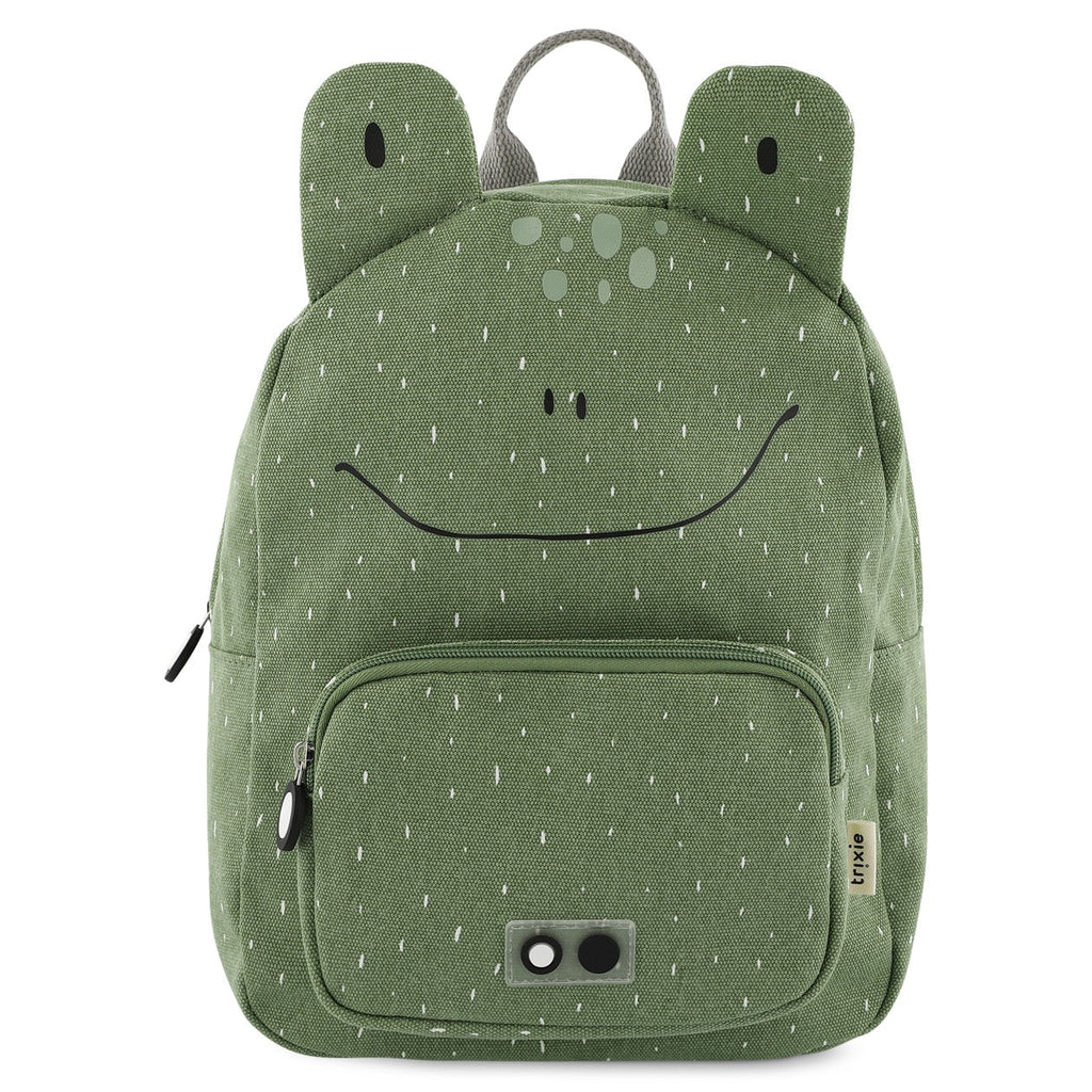 Mochila infantil Trixie Sapo, vista frontal. Design verde com rosto de sapo sorridente, fecho zíper e alças ajustáveis.