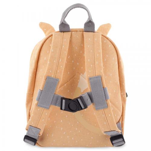 Vista traseira da mochila Trixie Girafa, destacando as alças acolchoadas ajustáveis e a fivela peitoral cinzenta.