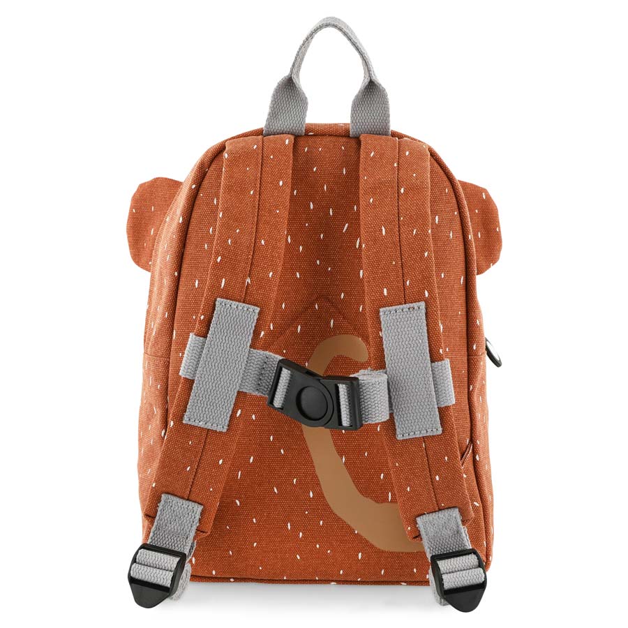 Vista traseira da mochila Trixie macaco, exibindo alças acolchoadas ajustáveis e fivela peitoral cinzenta.