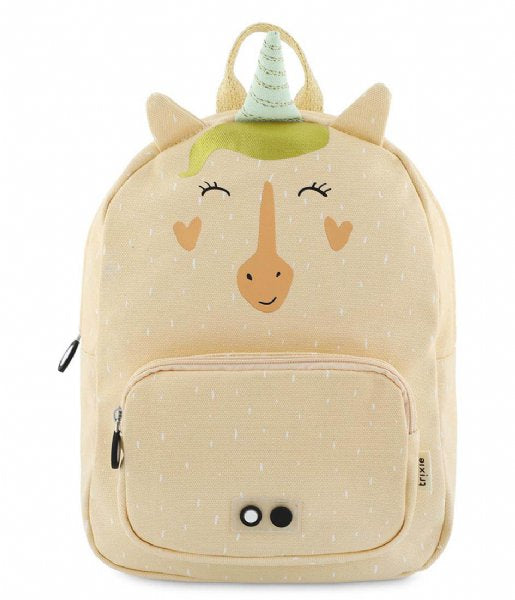 Vista frontal da mochila infantil Trixie Unicórnio em tecido de algodão, com orelhas 3D e chifre dourado. Ideal para jardim de infância.