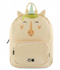 Vista frontal da mochila infantil Trixie Unicórnio em tecido de algodão, com orelhas 3D e chifre dourado. Ideal para jardim de infância.
