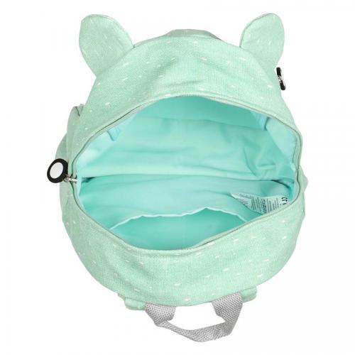 Interior da mochila Trixie Urso Polar aberta, mostrando o forro turquesa claro e o bolso interno para identificação.