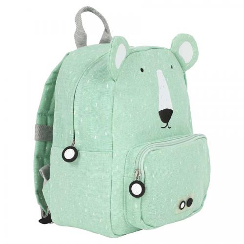 Vista lateral da mochila Trixie Urso Polar verde menta, mostrando o fecho de correr e o design 3D das orelhas.