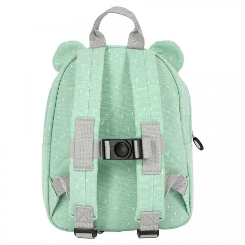 Vista traseira da mochila Trixie Urso Polar, destacando as alças acolchoadas ajustáveis e a fivela peitoral cinzenta.