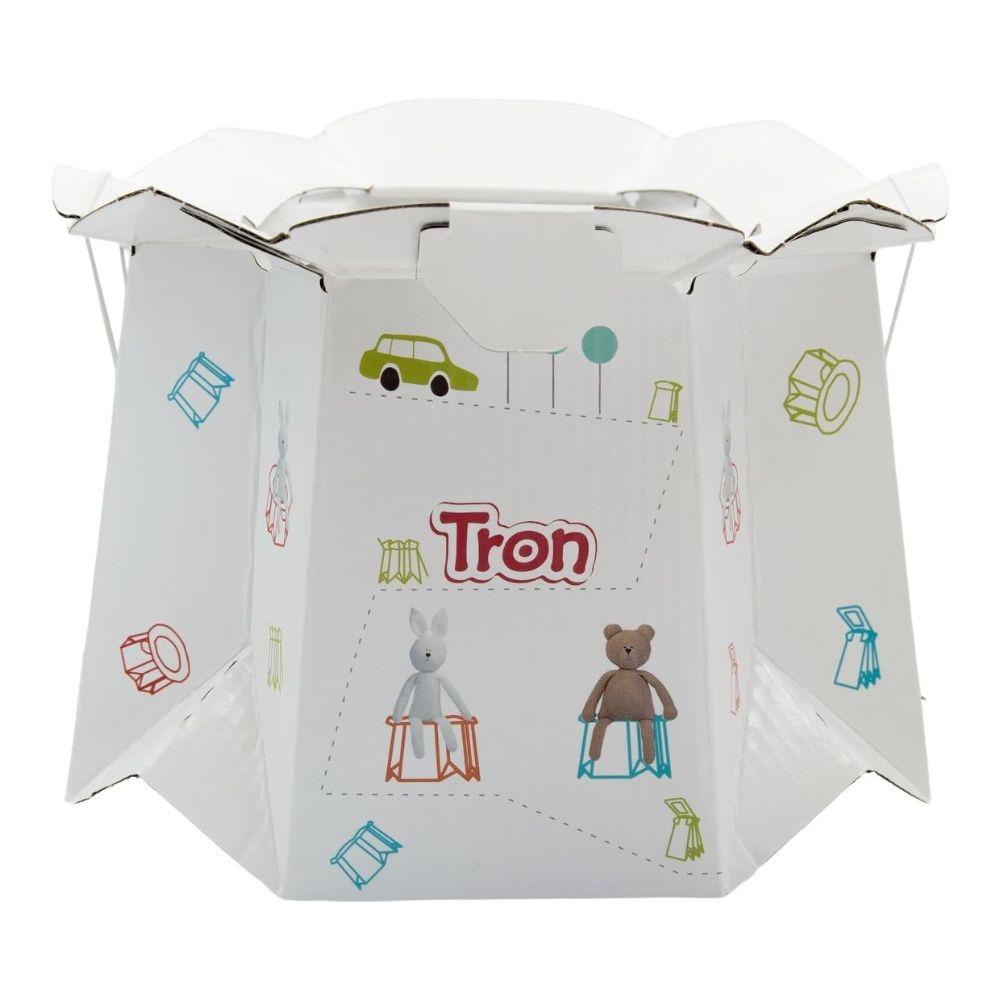 Sanita pote portátil Tron desdobrada, branca, com ilustrações infantis de animais (coelho, urso) e um carro, pronta para uso.
