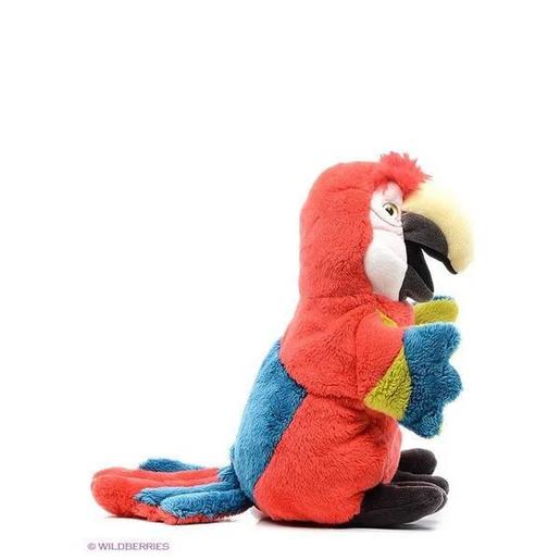 Vista lateral da fantoche Trudi Papagaio, destacando o bico claro e a textura macia do brinquedo, com marca d'água.