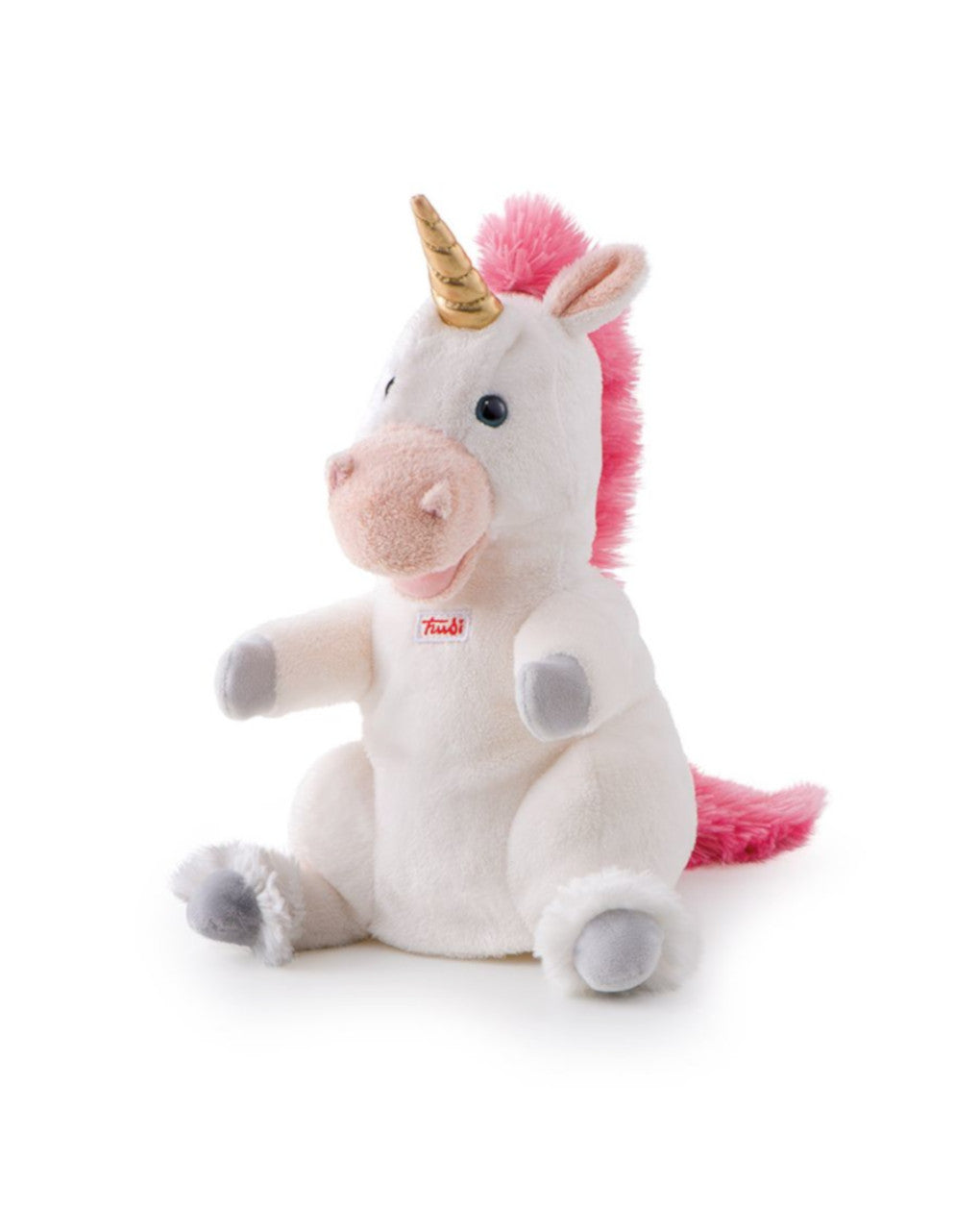 Fantoche Unicórnio Trudi, peluche branco sentado com crina e cauda rosa, chifre dourado e etiqueta da marca.