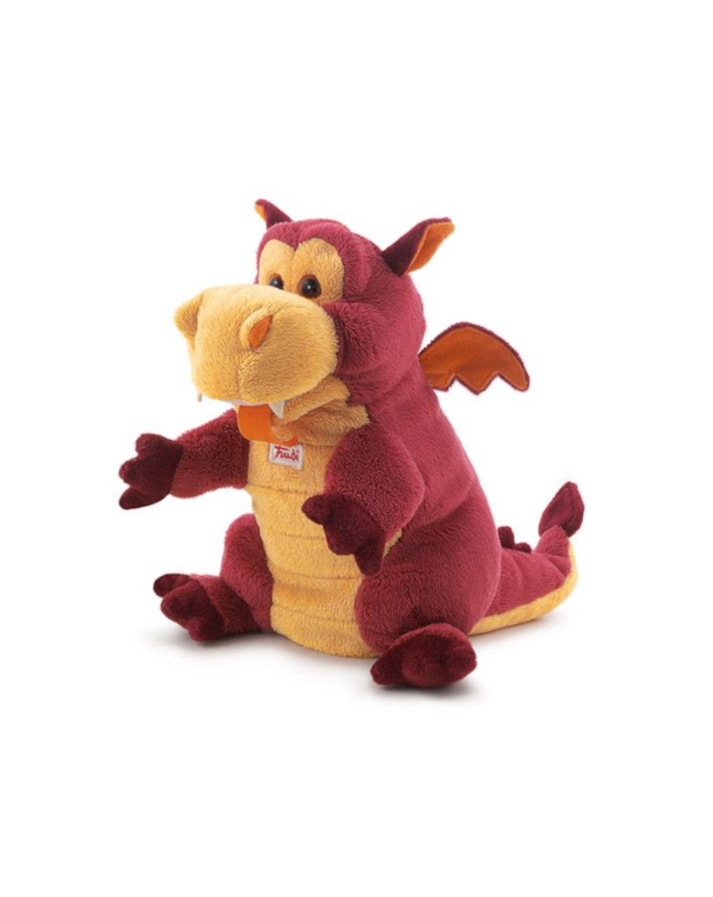 Fantoche de mão Trudi Dragão em peluche macio, cor vinho e amarelo, sentado com a boca aberta e presas visíveis, fundo branco.