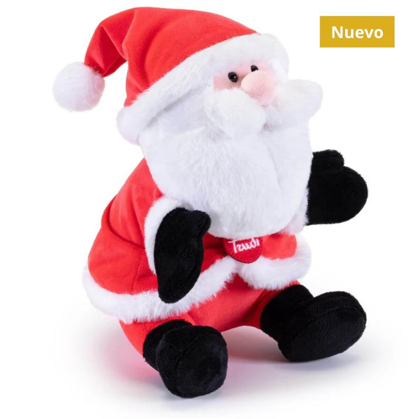 Fantoche Trudi Pai Natal em peluche vermelho e branco, sentado, com etiqueta da marca visível. Novo.