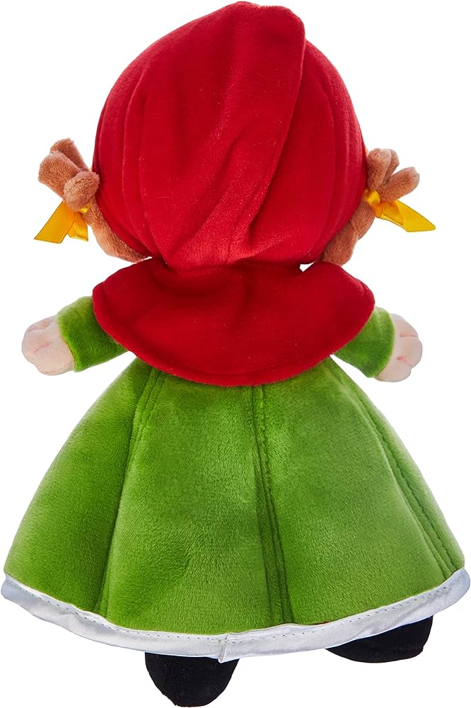 Vista traseira do peluche Trudi Capuchinho Vermelho, destacando o capuz vermelho e o vestido verde em tecido macio.