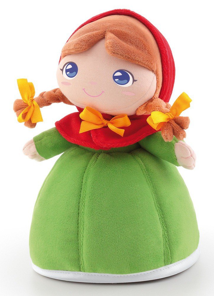 Peluche Trudi Capuchinho Vermelho com capuz vermelho, vestido verde e tranças com laços amarelos, ideal para conforto.