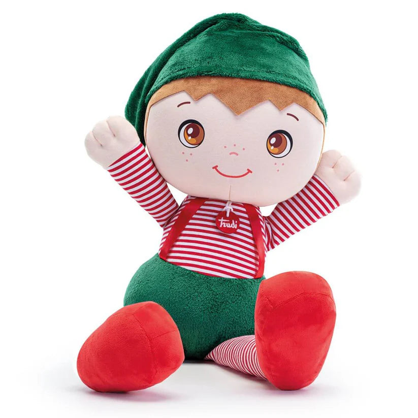 Peluche Trudi Elfo Rudy sentado com os braços levantados num gesto alegre, ideal para brincar.