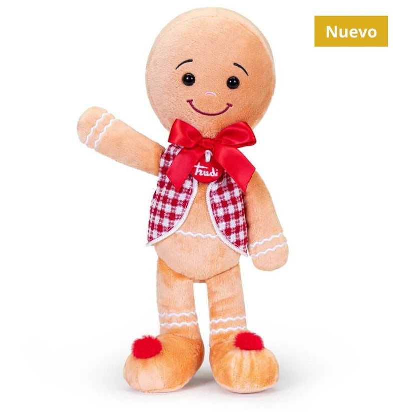 Peluche Trudi Homem Biscoito XL de frente, com colete xadrez vermelho/branco e laço, sorridente. Selo "Nuevo" no canto.