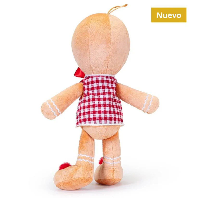 Vista traseira do peluche Trudi Homem Biscoito XL, exibindo as costas do colete xadrez e o detalhe do topo da cabeça.