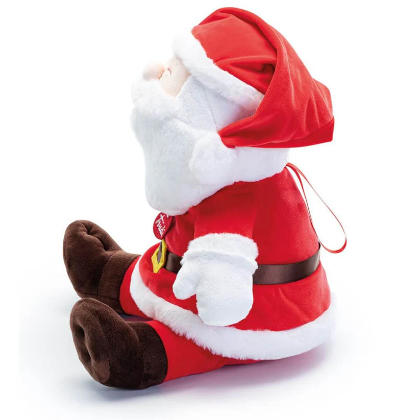 Detalhe lateral do peluche Trudi Pai Natal XL, mostrando o gorro longo e a parte de trás do corpo, com a fita de suspensão visível.