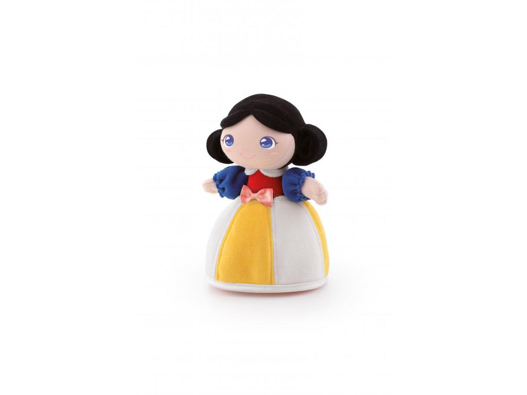 Peluche Trudi Princesa Branca de Neve, em posição de pé, com vestido amarelo e branco, sobre fundo branco liso.
