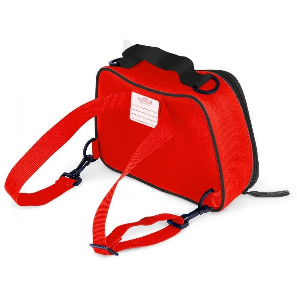 Parte traseira da lancheira Trunki com etiqueta de identificação e alças de mochila vermelhas.