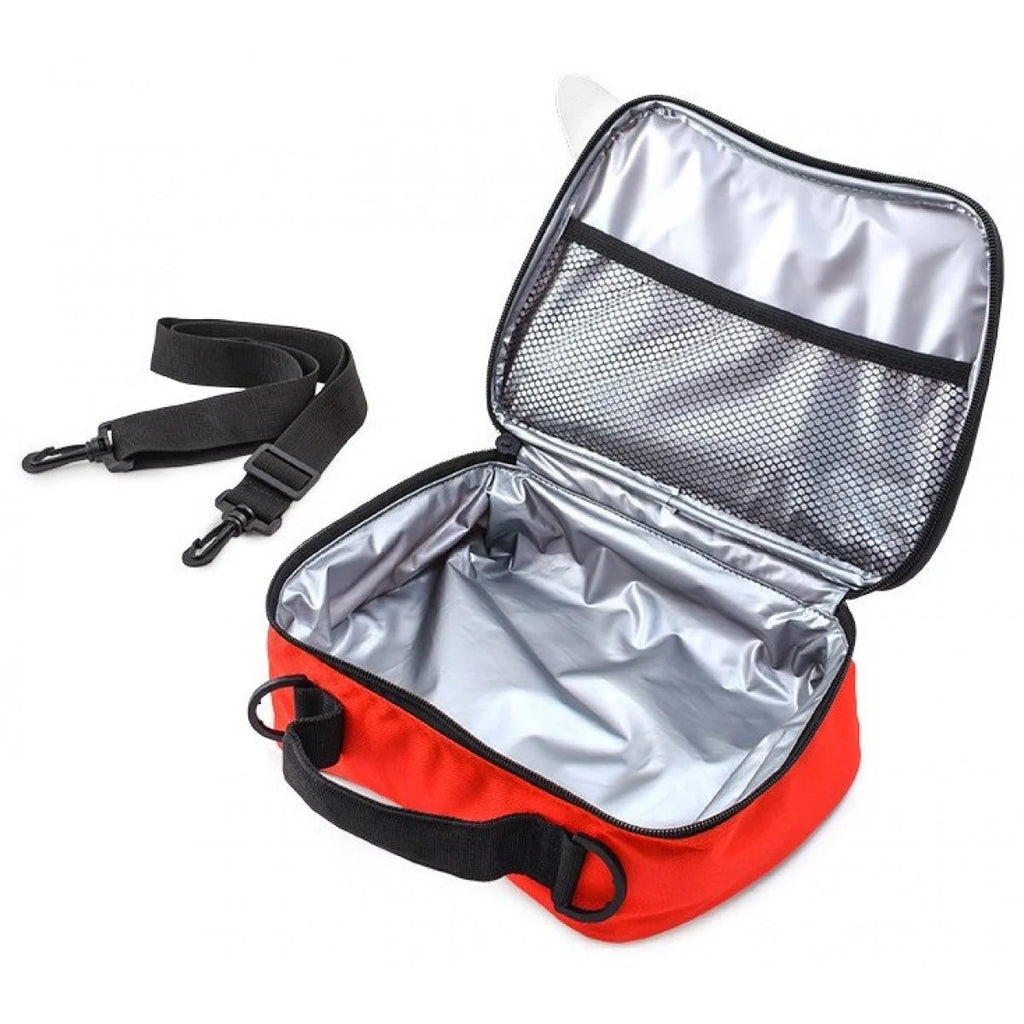 Interior da lancheira Trunki Harley aberta mostrando o revestimento térmico prateado e alça preta.