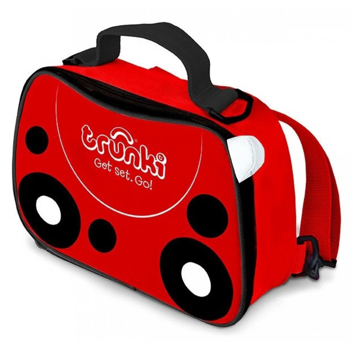 Lancheira térmica Trunki Harley Mariquita em tons de vermelho e preto com design de joaninha.