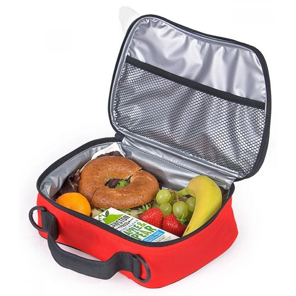 Lancheira Trunki Harley aberta com lanche saudável incluindo bagel, fruta e sumo.