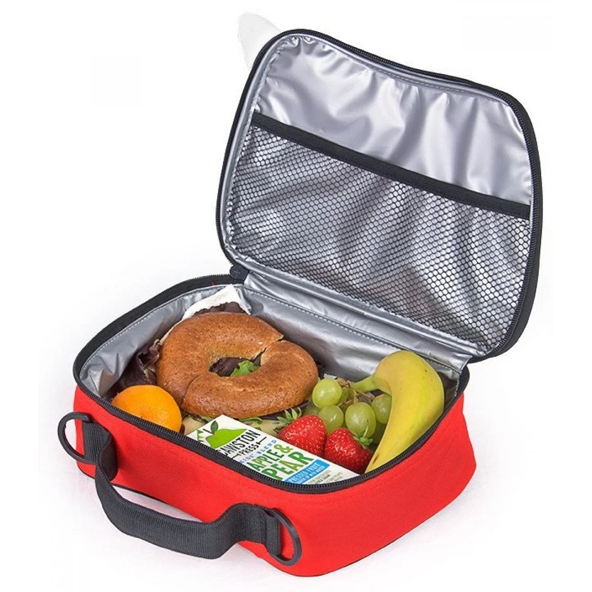 Lancheira Trunki Harley aberta com lanche saudável incluindo bagel, fruta e sumo.